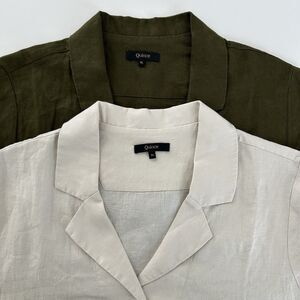 Quince European Linen Short Sleeve Shirt LOT 2 Women Size XL Sand Tan/Green Boxy